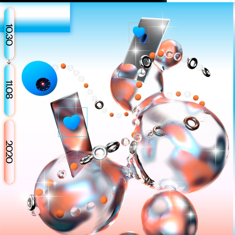 3D rendering of bubbles in front of a gradient from red to blue over white